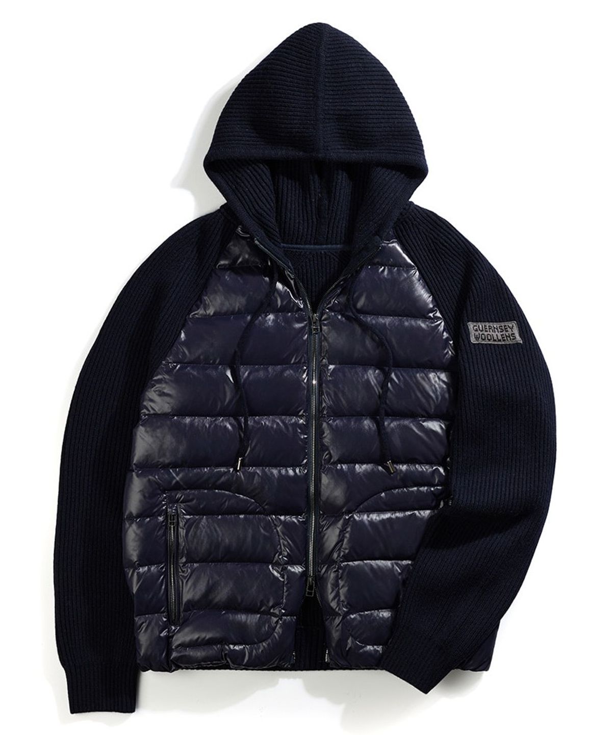 건지 울른스(Guernsey Woollens) 구스 다운 하이브리드 후드 집업 스웨터 - 네이비