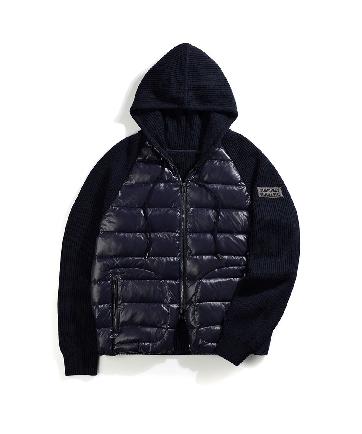 건지 울른스(Guernsey Woollens) 구스 다운 하이브리드 후드 집업 스웨터 - 그레이