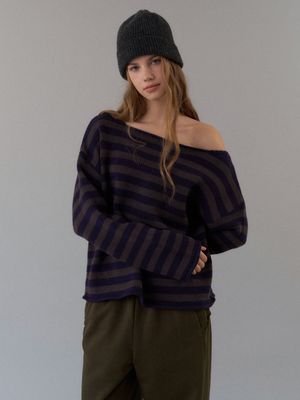빠삐용 스트라이프 원 숄더 니트 (카키 네이비)
