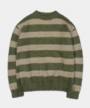 헤어리 스트라이프 풀오버 니트 [카키]