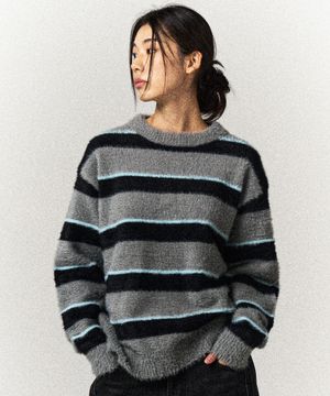 헤어리 스트라이프 풀오버 니트 [그레이]