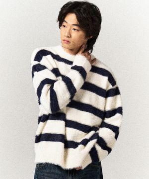 헤어리 스트라이프 풀오버 니트 [아이보리]