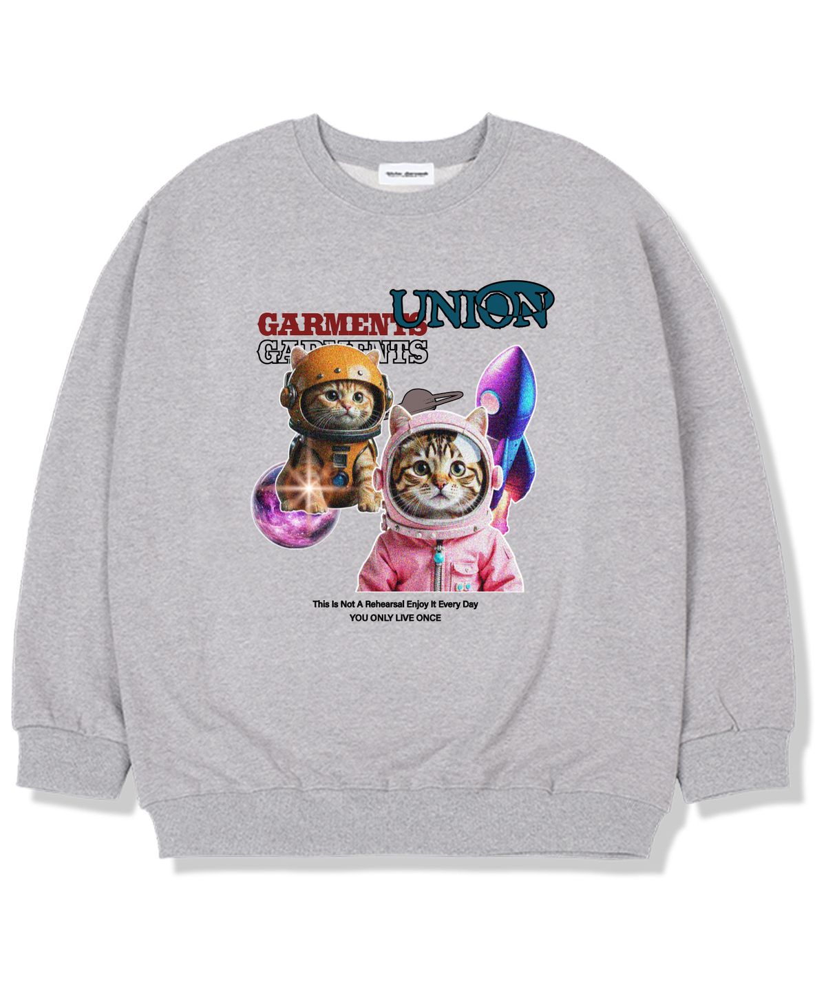 유니온가먼츠(UNION GARMENTS) 스페이스캣 기모안감 오버핏 맨투맨 티셔츠 그레이