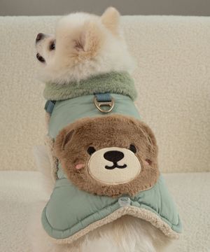 강아지 겨울 하네스옷 테디 포켓 망토 패딩 그린