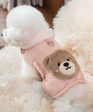 강아지 겨울 하네스옷 테디 포켓 망토 패딩 핑크