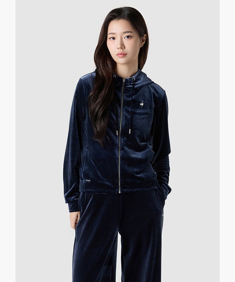 여성 얼리스프링 슬림핏 벨벳 후드 집업 - 네이비 QR122OFT15