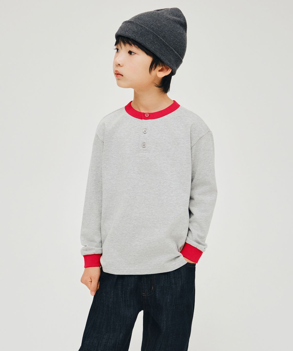 무신사 스탠다드 키즈(MUSINSA STANDARD KIDS) 헨리 넥 링거 긴소매 티셔츠 [미디엄 그레이]