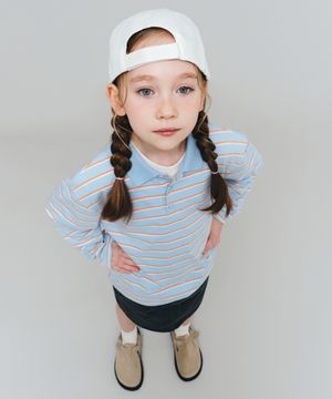 멀티 스트라이프 긴소매 칼라드 티셔츠 [스카이 블루]