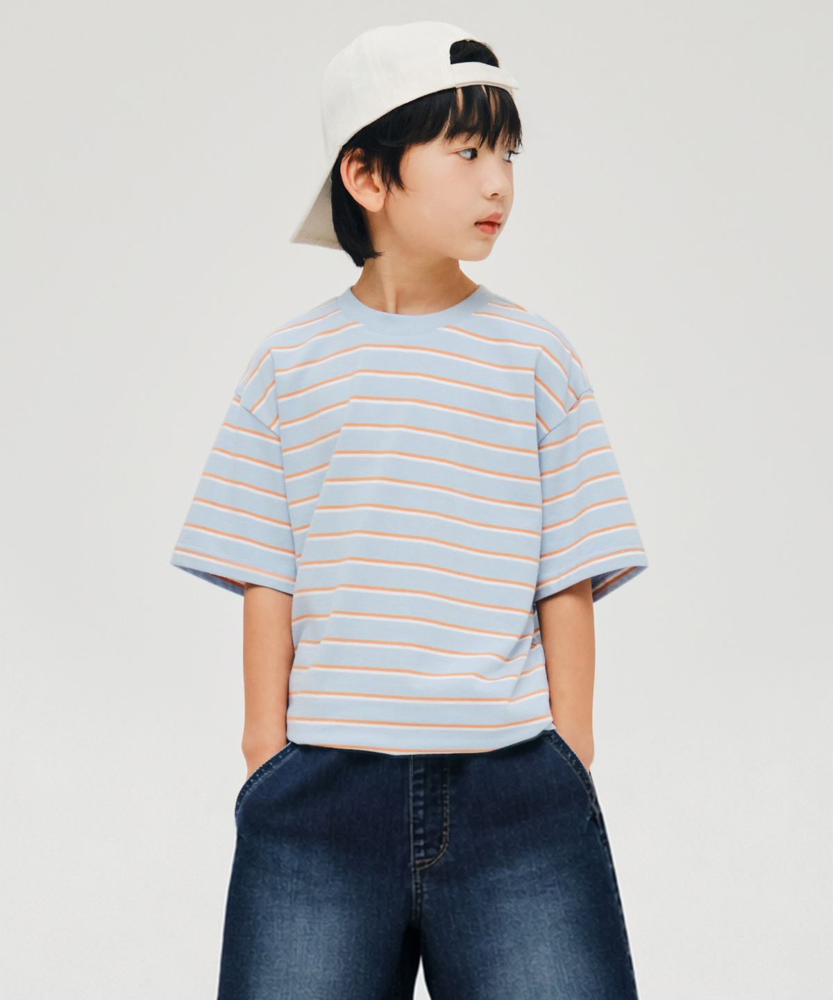 무신사 스탠다드 키즈(MUSINSA STANDARD KIDS) 멀티 스트라이프 크루 넥 티셔츠 3 [스카이 블루]