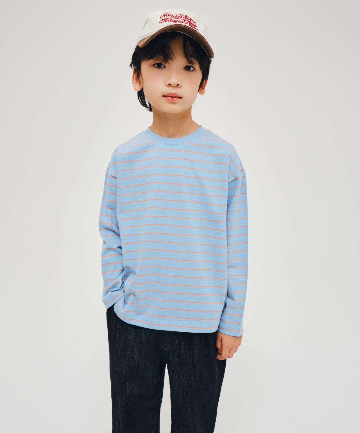 무신사 스탠다드 키즈(MUSINSA STANDARD KIDS) 내로우 스트라이프 크루 넥 긴소매 티셔츠 [스카이 블루]
