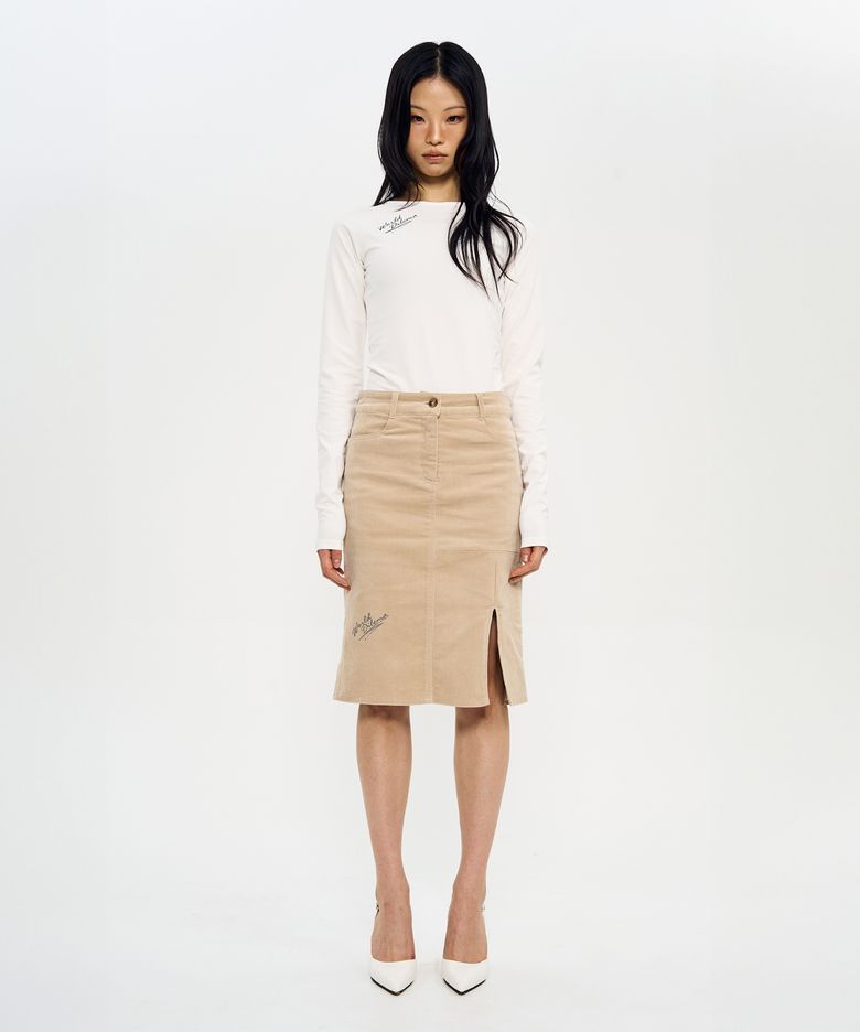 SLIT CORDUROY PENCIL SKIRTS (BEIGE)