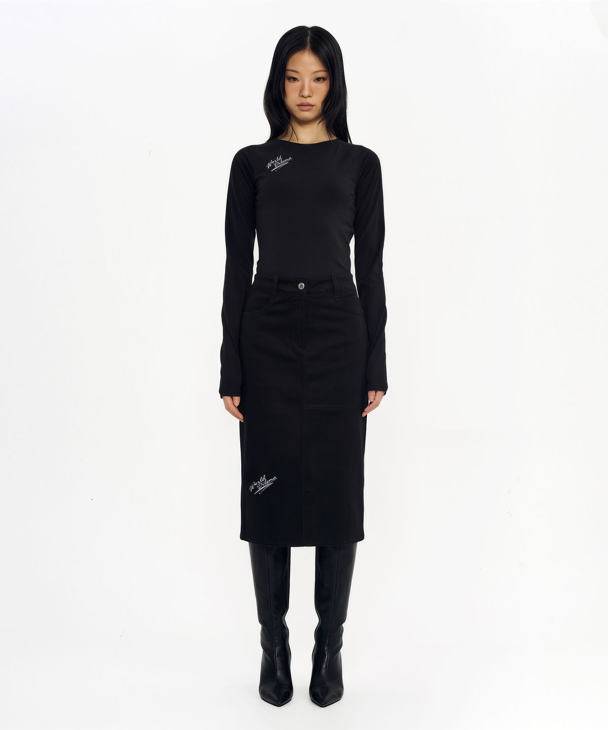 월드딜레마(WORLDDILEMA) SLIT CORDUROY PENCIL SKIRTS (BLACK)