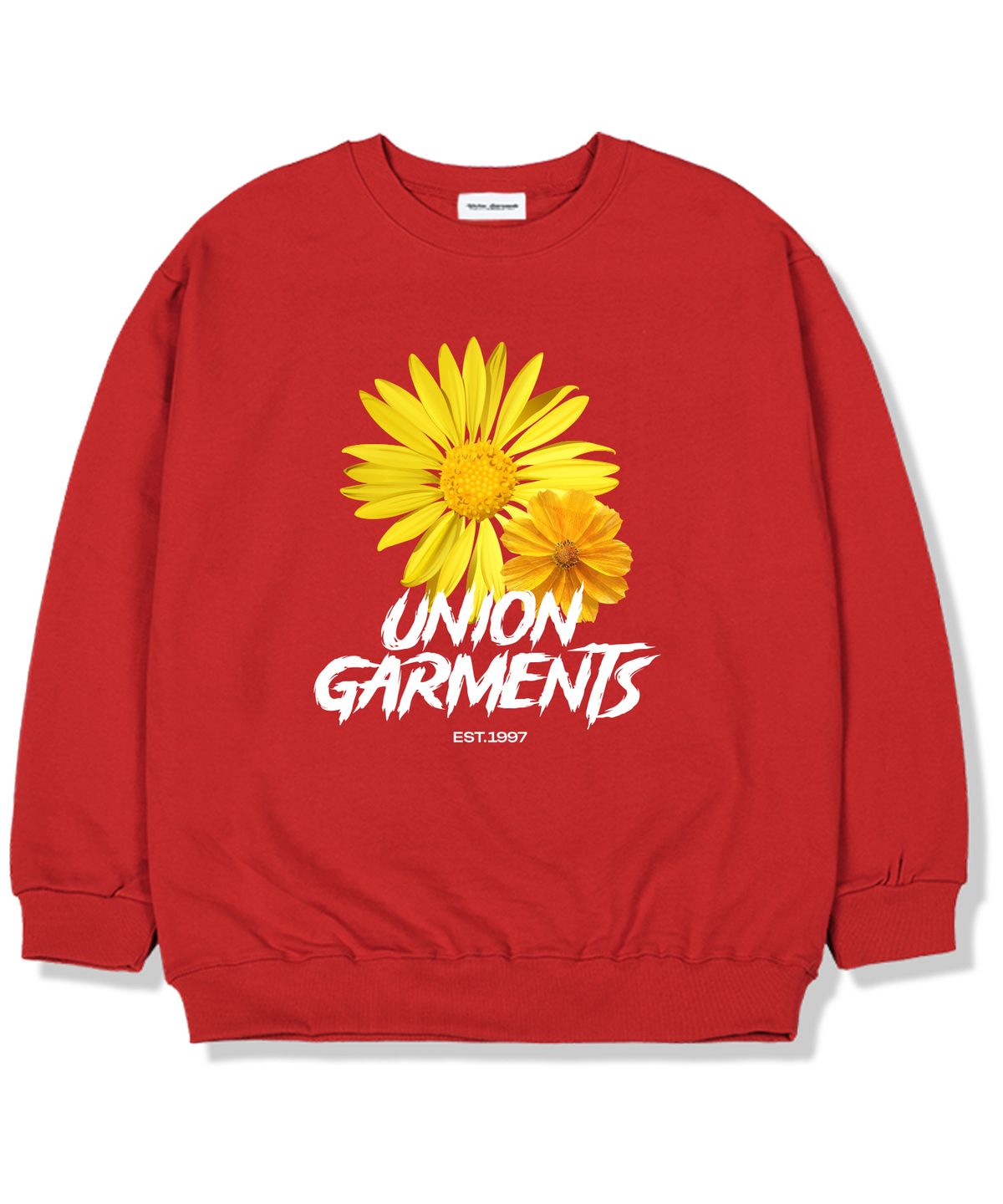 유니온가먼츠(UNION GARMENTS) 빅플라워 기모안감 오버핏 맨투맨 티셔츠 레드