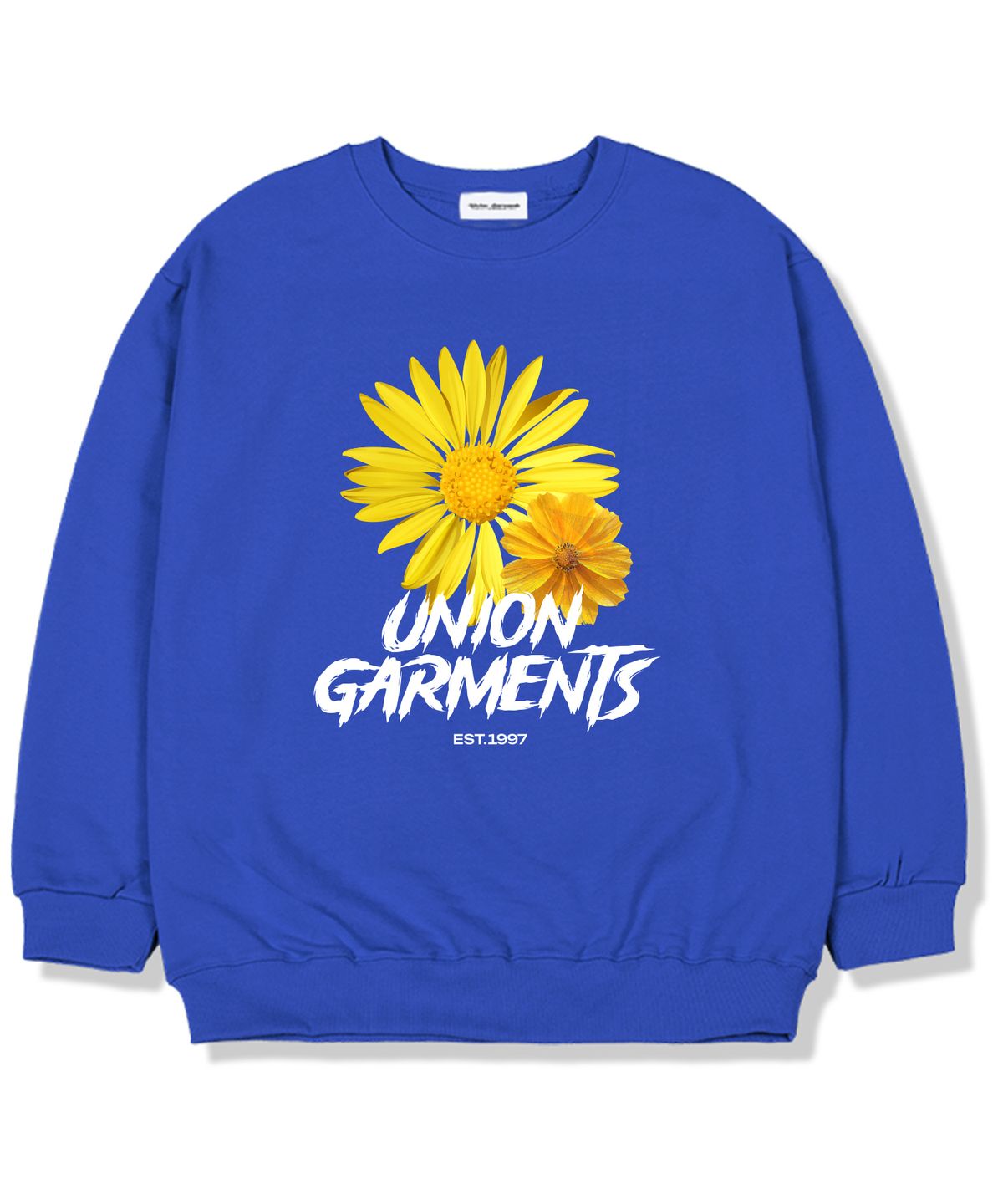 유니온가먼츠(UNION GARMENTS) 빅플라워 기모안감 오버핏 맨투맨 티셔츠 블루