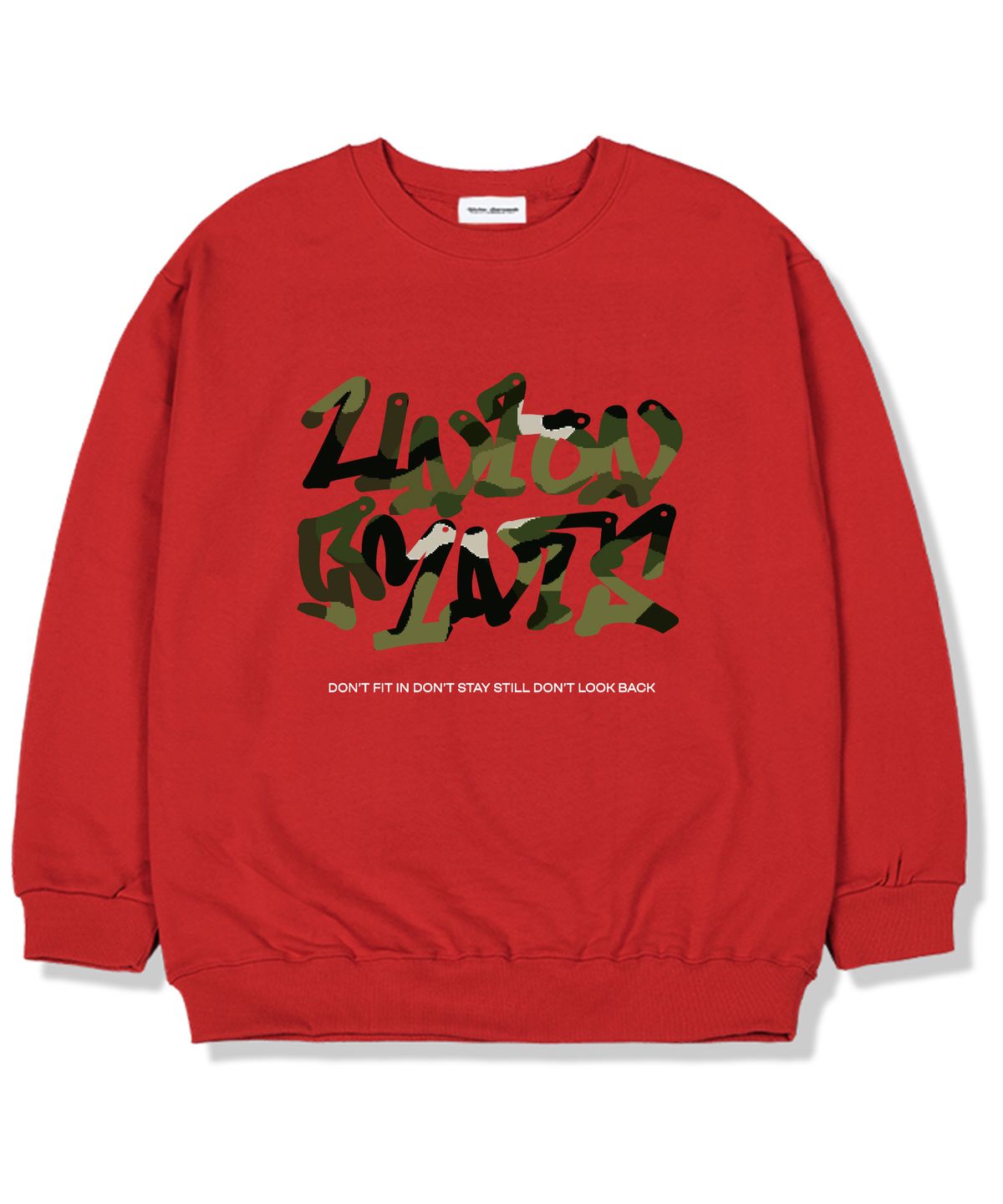 유니온가먼츠(UNION GARMENTS) 밀리메리아로고 기모안감 오버핏 맨투맨 티셔츠 레드
