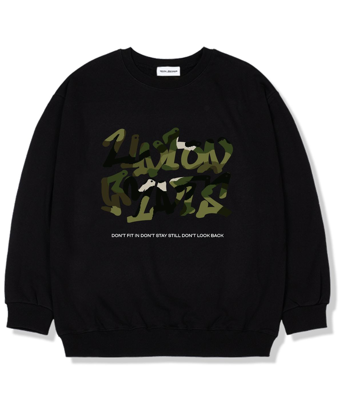 유니온가먼츠(UNION GARMENTS) 밀리메리아로고 기모안감 오버핏 맨투맨 티셔츠 블랙