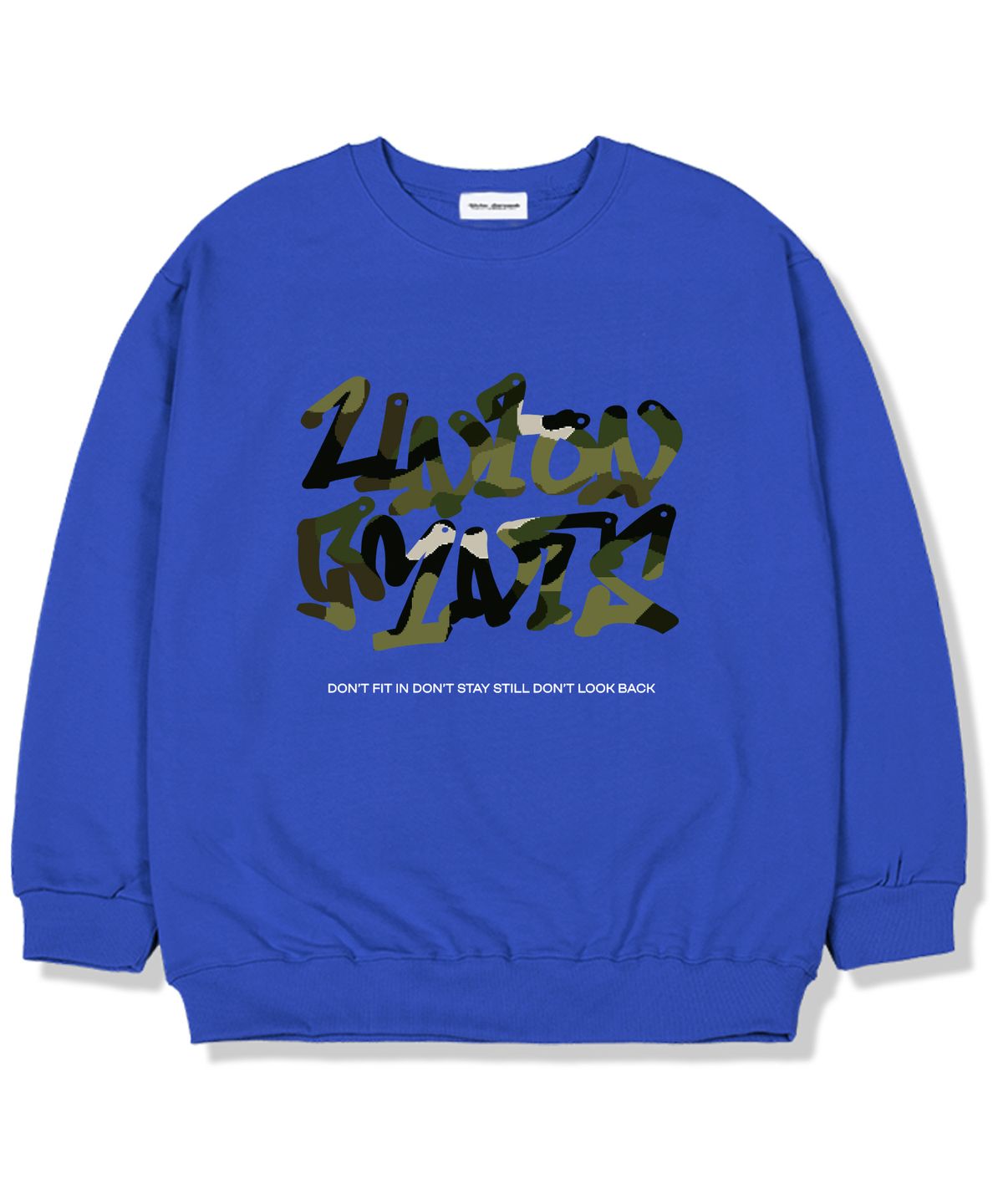 유니온가먼츠(UNION GARMENTS) 밀리메리아로고 기모안감 오버핏 맨투맨 티셔츠 블루