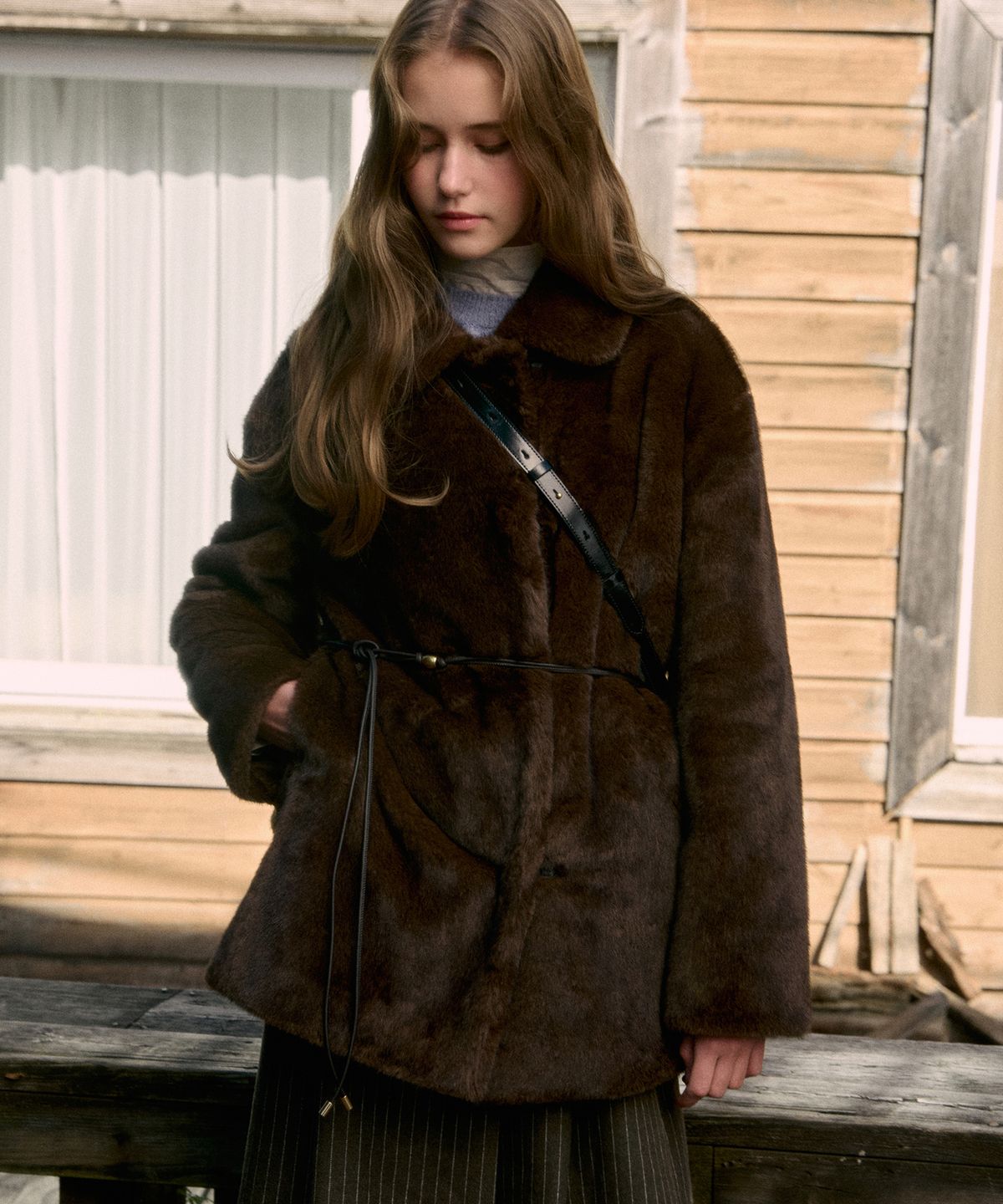 르메메(LEMEME) Cannelle Belted Fur Half Jacket DeepBrown
