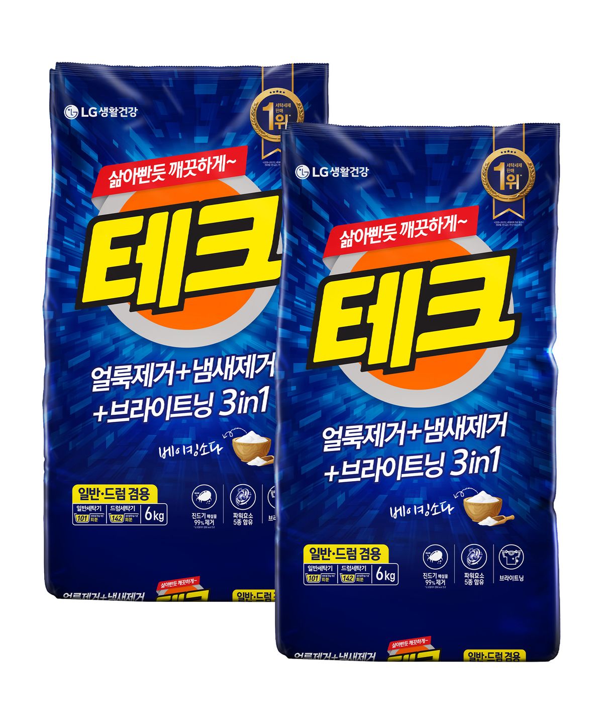 테크(TECH) 3in1 분말세제 세탁세제 일반드럼 겸용 리필 6KG x 2개