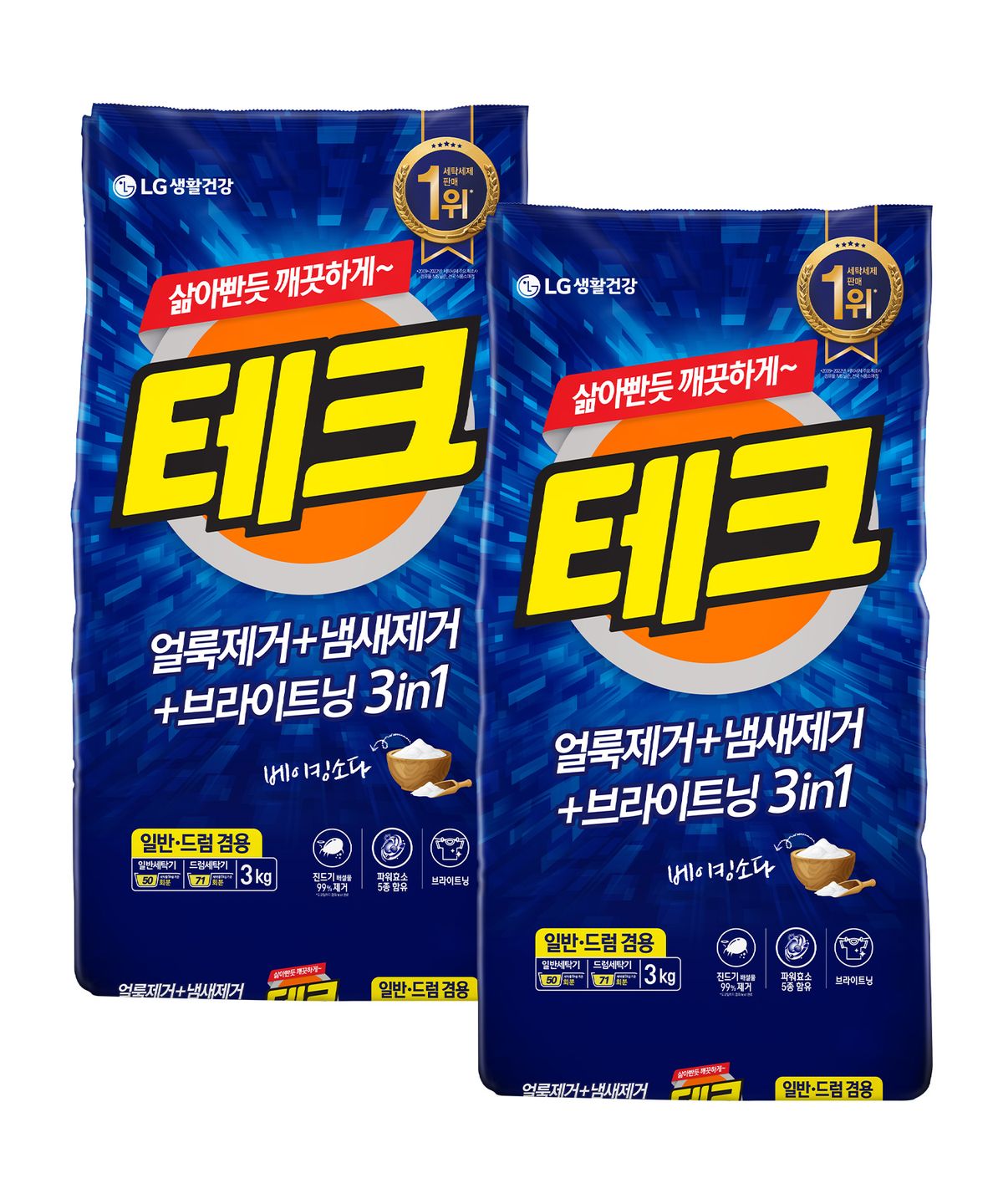테크(TECH) 3in1 분말 세탁세제 일반드럼 겸용 리필 3kg x 2개