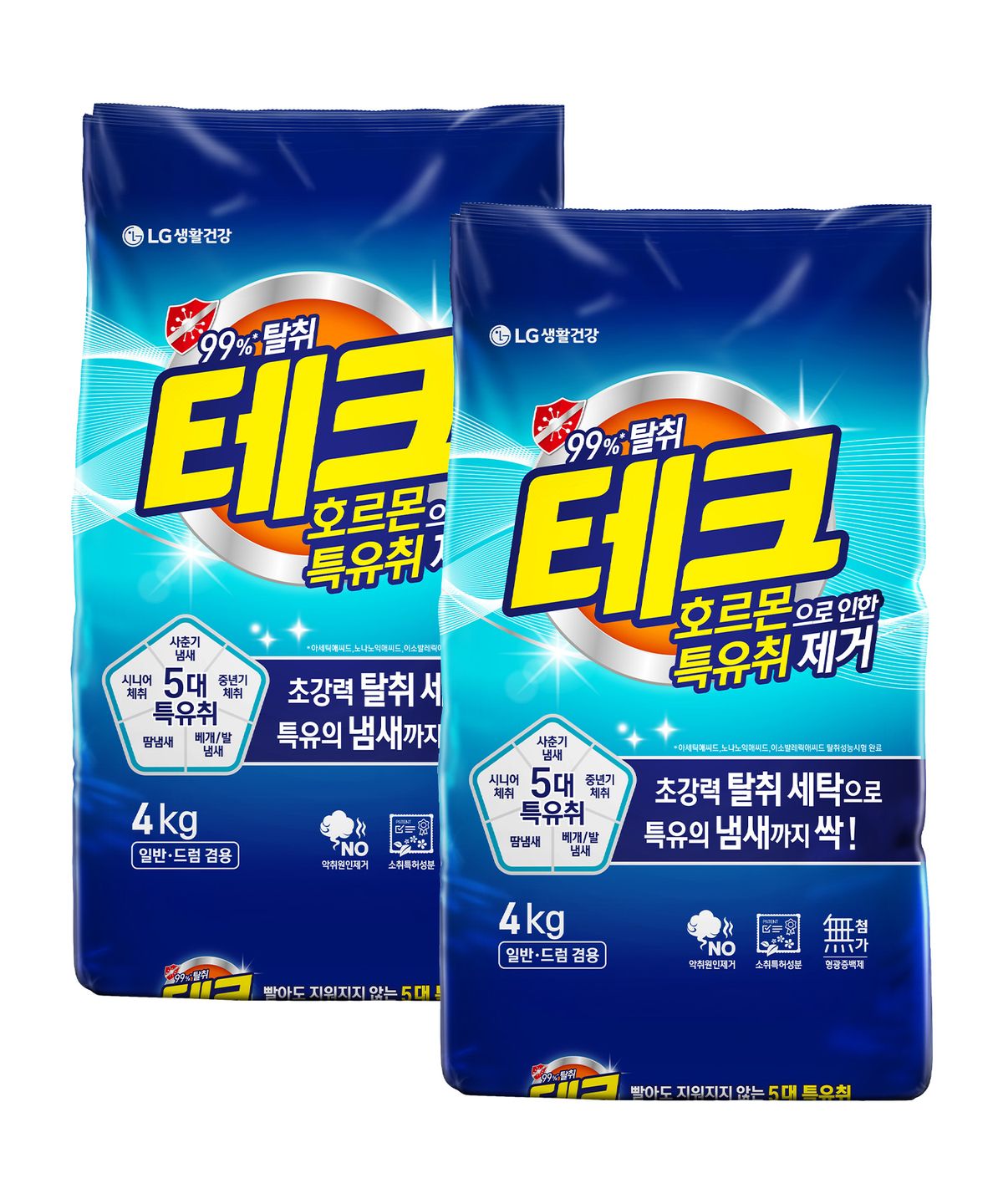 테크(TECH) 특유취 제거 분말세제 NEW 세탁세제 일반드럼 겸용 리필 4KG x 2개
