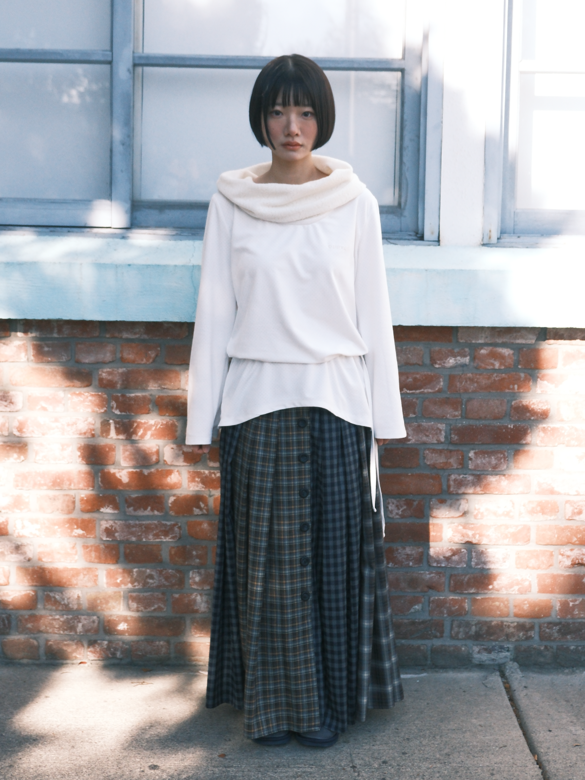 피브스피브스(PEEVES PEEVES) Mix Check Maxi Skirt / Navy