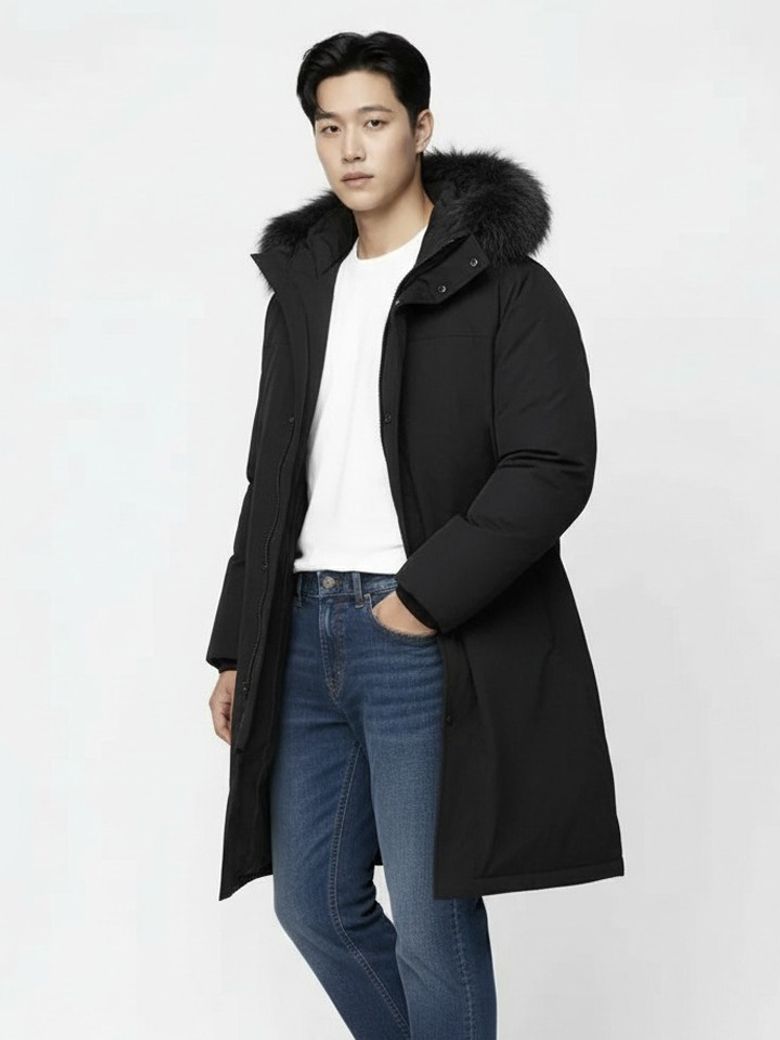 남성 라쿤퍼 롱 다운 패딩 사파리_ABF4FP1101BK