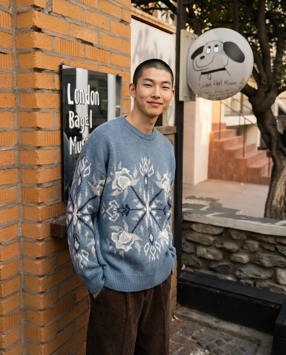 에이메이드(A MADE) 울 블렌드 자카드 오버 니트(포그블루)