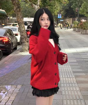 (DUC) Oversized V-neck knit cardigan Red
