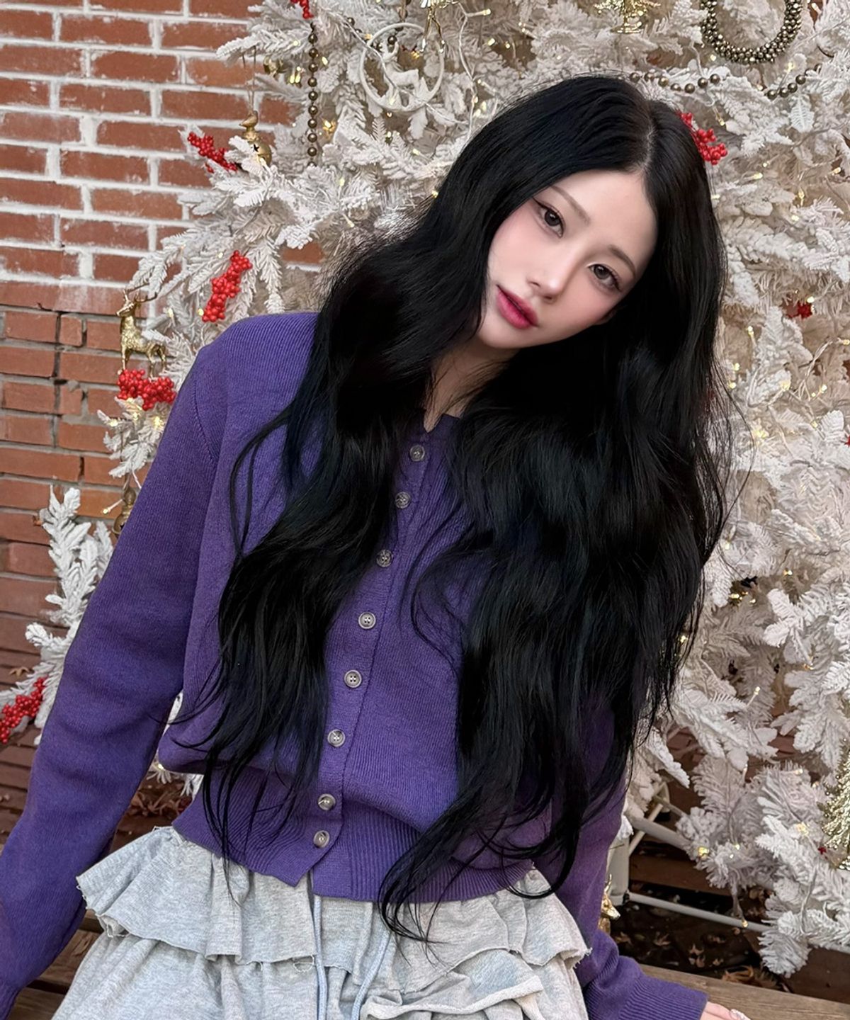 디오스피스(DAUSPICE) (DUC) Cropped round-neck knit cardigan Purple