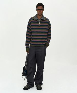 DOUBLE LAYERED STRIPE HALF ZIP-UP SWEATER atb1452m(BLUE/GREY)