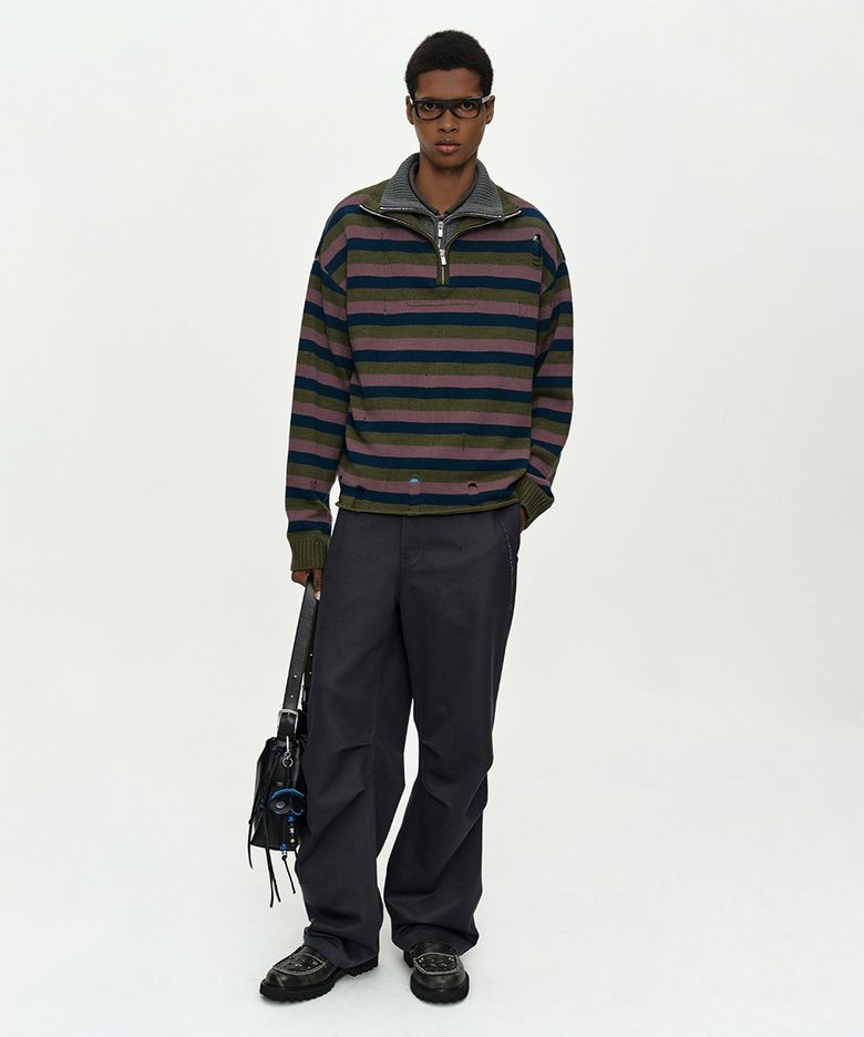 DOUBLE LAYERED STRIPE HALF ZIP-UP SWEATER atb1452m(BLUE/GREY)