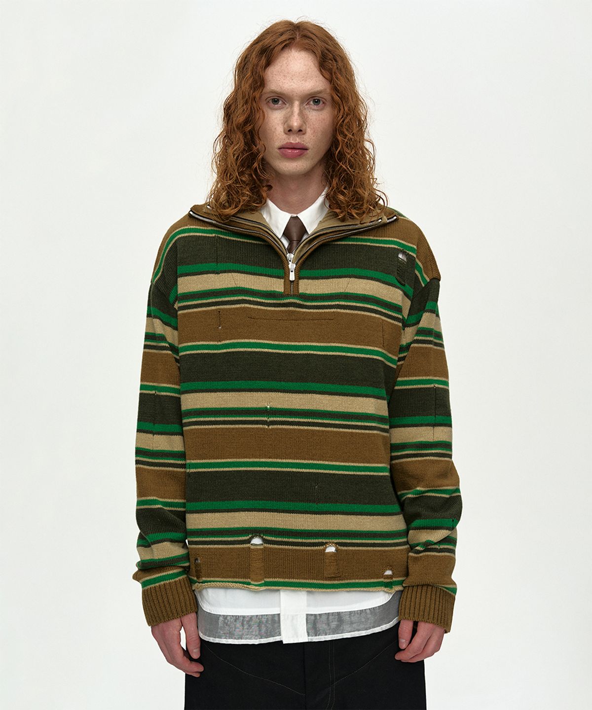 앤더슨벨(ADSB ANDERSSON BELL) DOUBLE LAYERED STRIPE HALF ZIP-UP SWEATER atb1451m(BEIGE/BROWN)