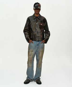 UNISEX DESTROYED WIDE-LEG JEANS apa864u(BLUE)