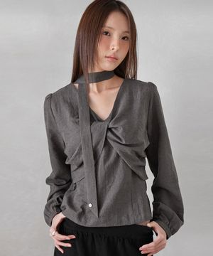 TWISTED-TIE PUFF BLOUSE, COCOA GREY