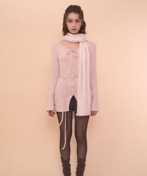 STRAP LONG SLEEVE CARDIGAN-CREAM PINK
