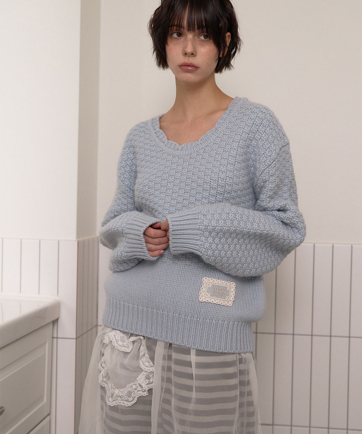 베이비블루니들즈(BABYBLUENEEDLES) Scallop Chunky Knit Pullover BABY BLUE