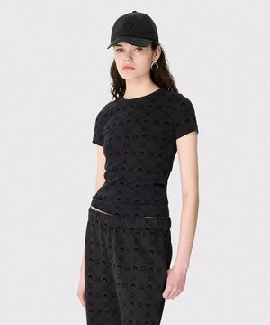 (W) 무노그램 플로크드 리브드 저지 베이비 핏 티셔츠 블랙 MOONOGRAM FLOCKED RIBBED JERSEY BABY FIT T-SHIRT BK99 BLACK