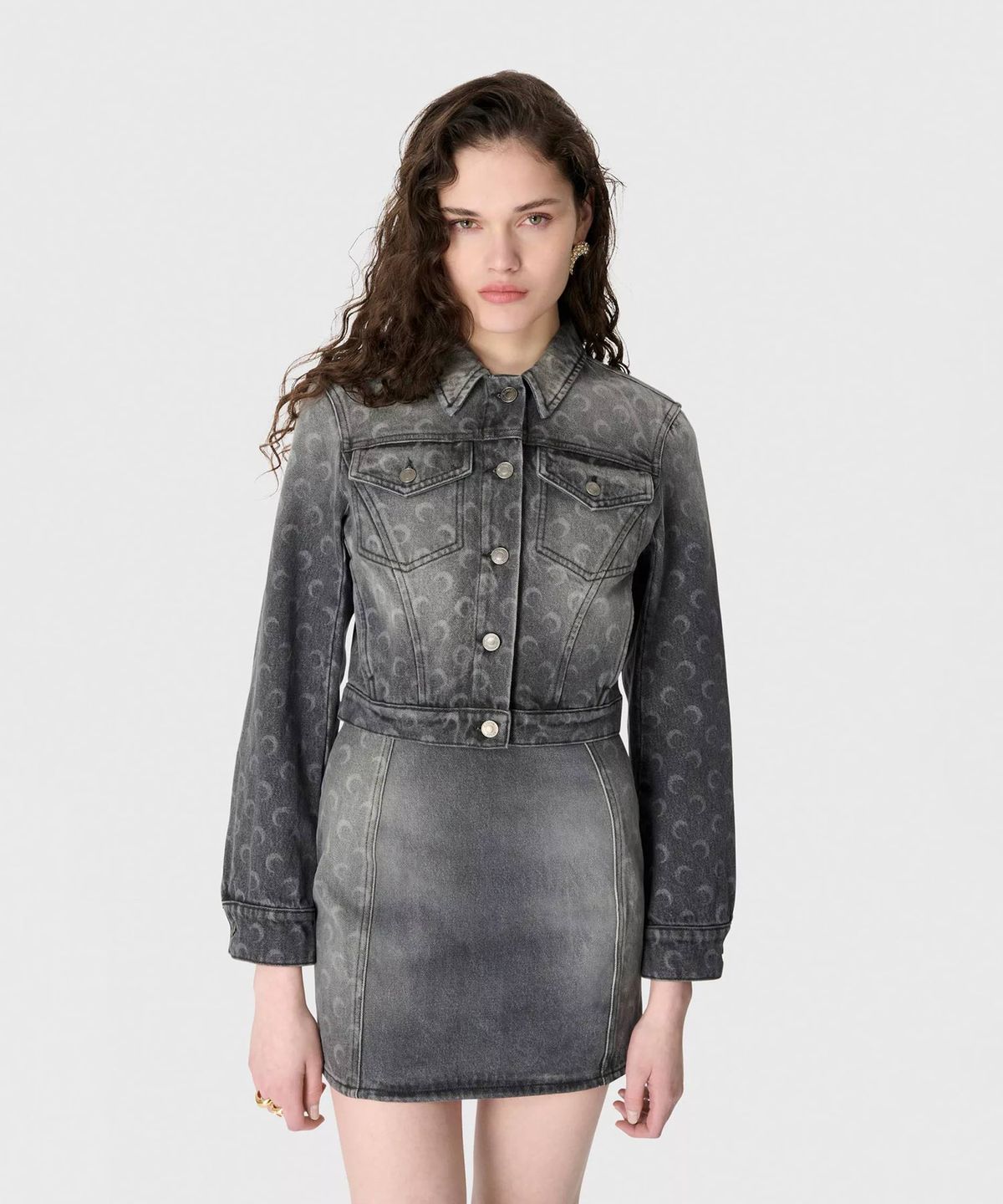 마린 세르(MARINE SERRE) (W) 문 레이저 그레이 워시 데님 크롭드 자켓 다크 그레이 MOON LASER GREY WASH DENIM CROPPED JACKET GR90 DARK GREY