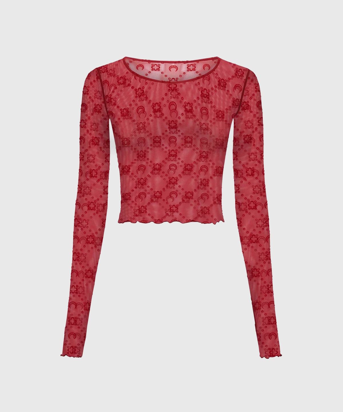 마린 세르(MARINE SERRE) (W) 무노그램 매쉬 플록 롱슬리브 크롭드 탑 리본 레드 MOONOGRAM MESH FLOCK LS CROPPED TOP RD11 RIBBON RED