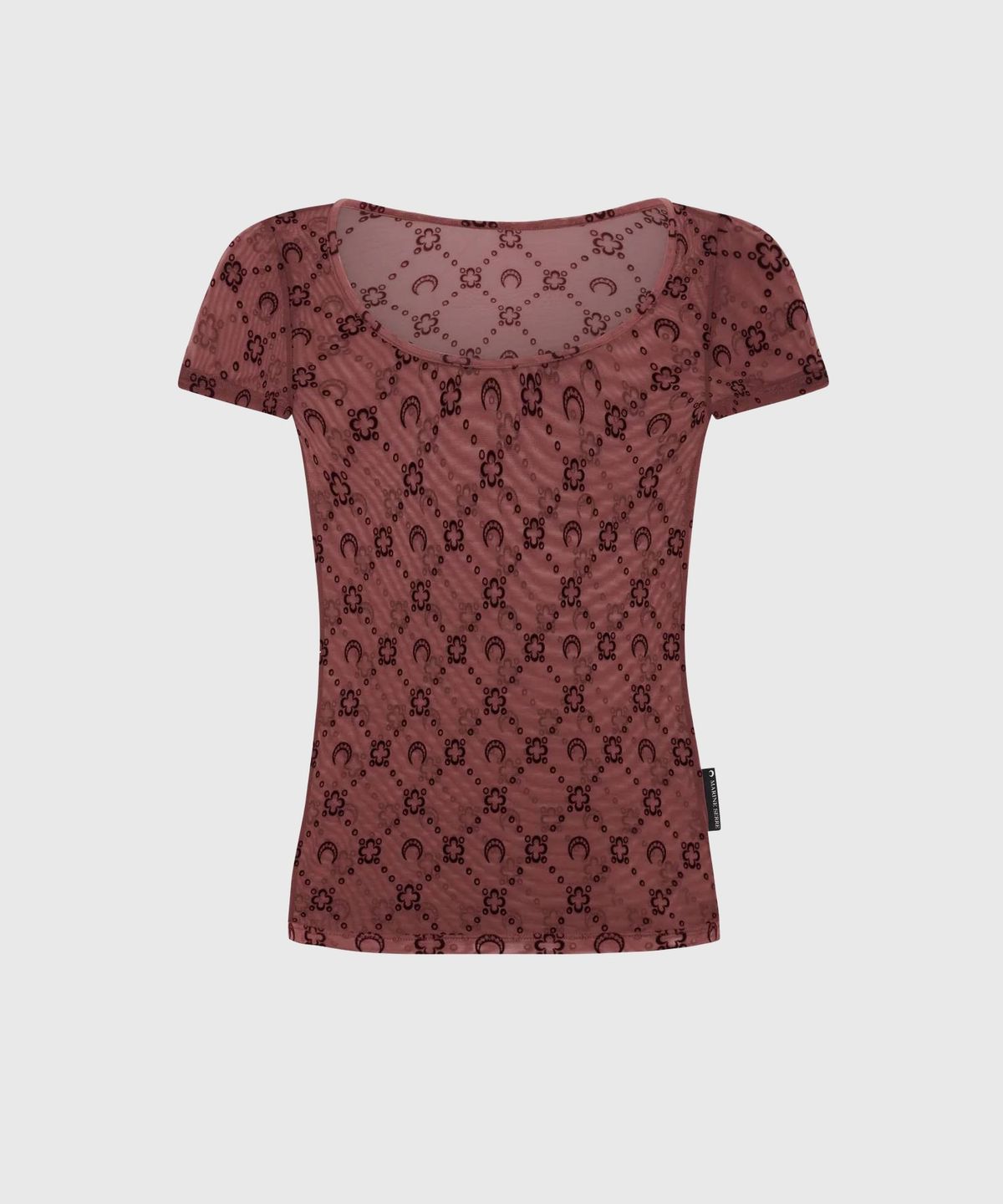 마린 세르(MARINE SERRE) (W) 무노그램 매쉬 플록 숏슬리브 라운드넥 탑 바이올렛 MOONOGRAM MESH FLOCK SS ROUNDNECK TOP PU70 AUBERGINE