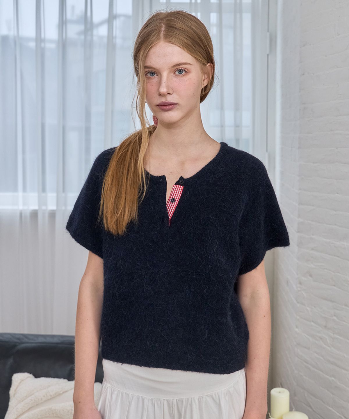 베이비블루니들즈(BABYBLUENEEDLES) Hairy Alpaca Henley-neck Knit Pullover DEEP NAVY