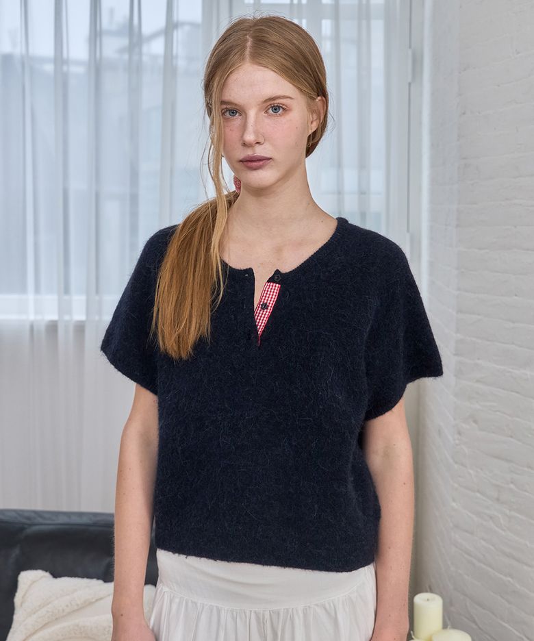 Hairy Alpaca Henley-neck Knit Pullover DEEP NAVY