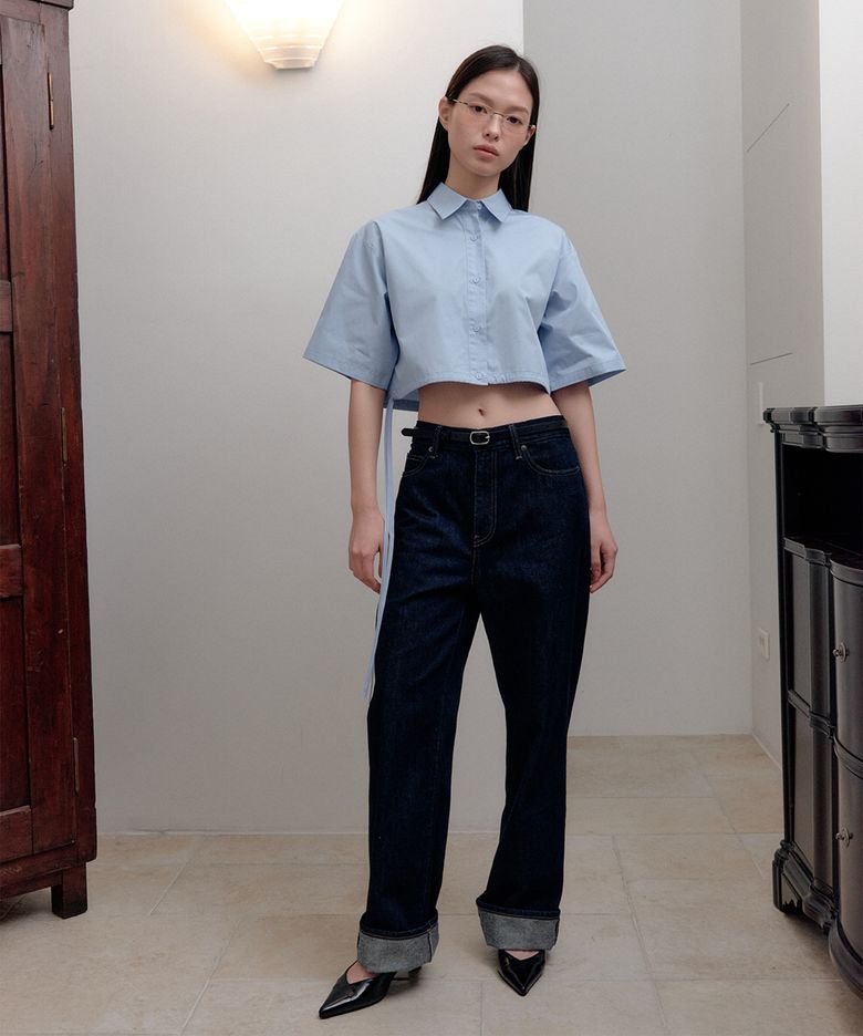 Ribbon Strap Crop Shirt_Blue