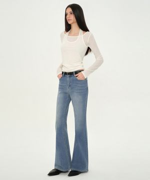 우먼즈 로 라이즈 슬림 플레어 데님 팬츠 [라이트 인디고]