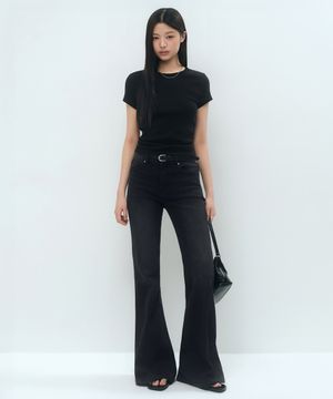 [쿨탠다드] 우먼즈 로 라이즈 슬림 플레어 데님 팬츠 [워시드 블랙]