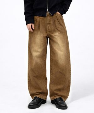 빈티지 투턱 워싱 와이드 데님 팬츠 브라운