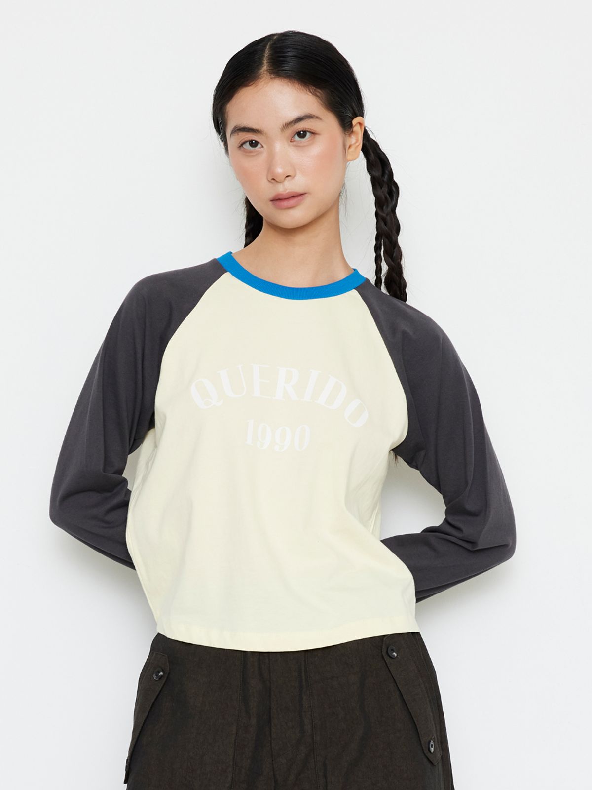 케리두(QUERIDO) 로고 래글런 배색 티셔츠 4컬러 (아이보리 그레이/블루 브라운/옐로 차콜/멜란 네이비)