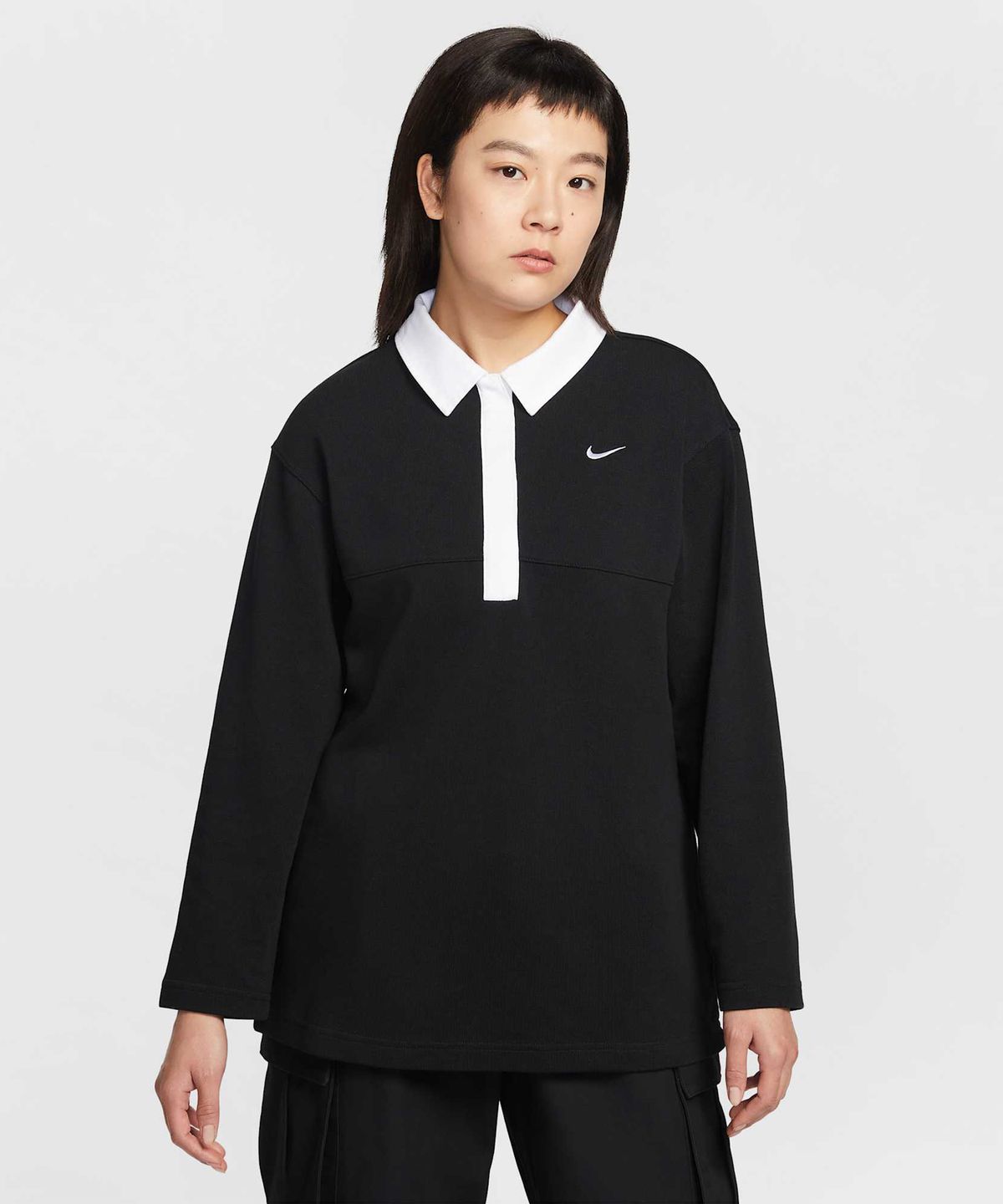 나이키(NIKE) 스포츠웨어 오버사이즈 긴소매 폴로 W - 블랙:화이트 / IF0358-010