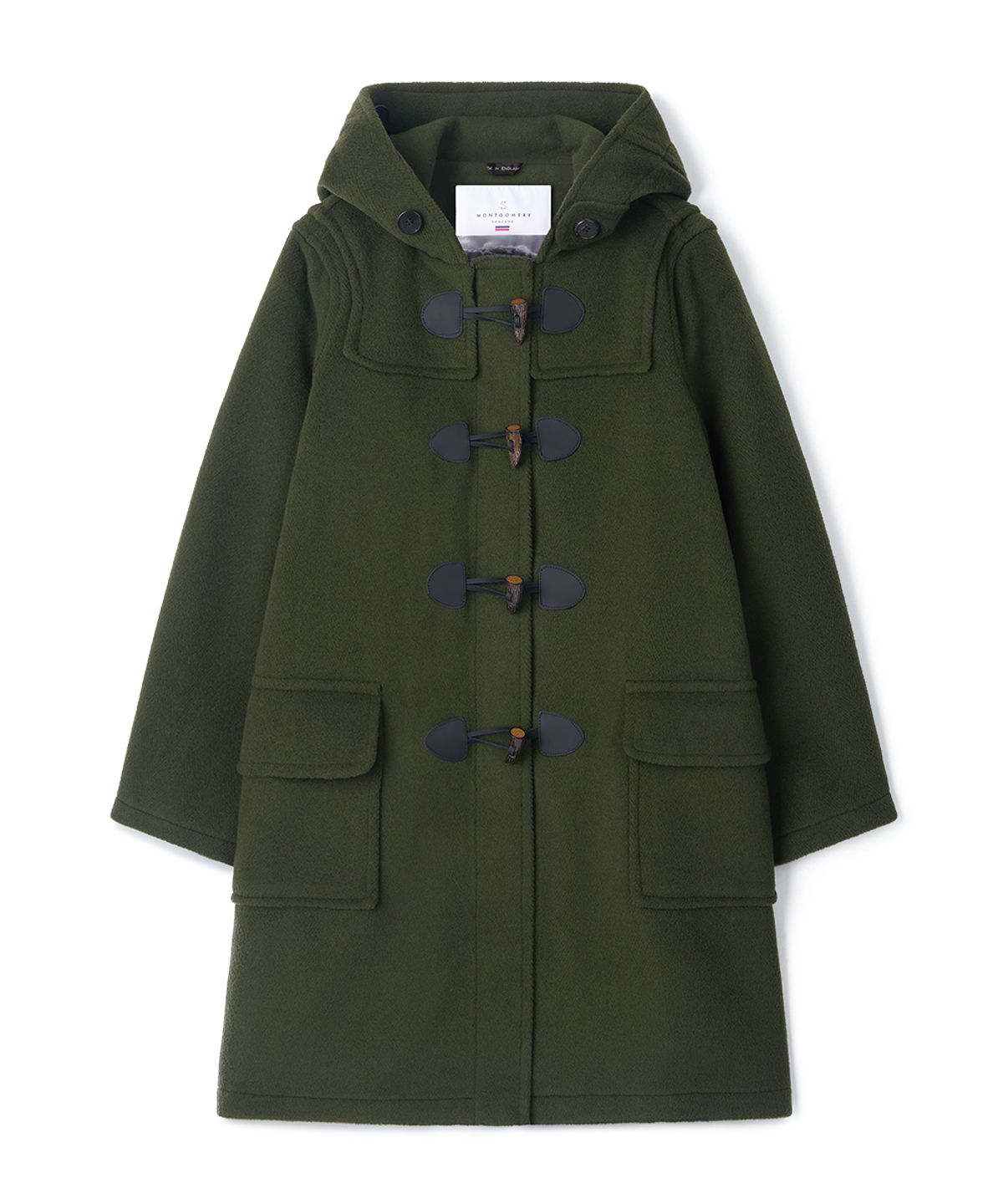 몽고메리(MONTGOMERY) WOMENS CLASSIC HERRINGBONE DUFFLE COAT WITH HORN - GREEN